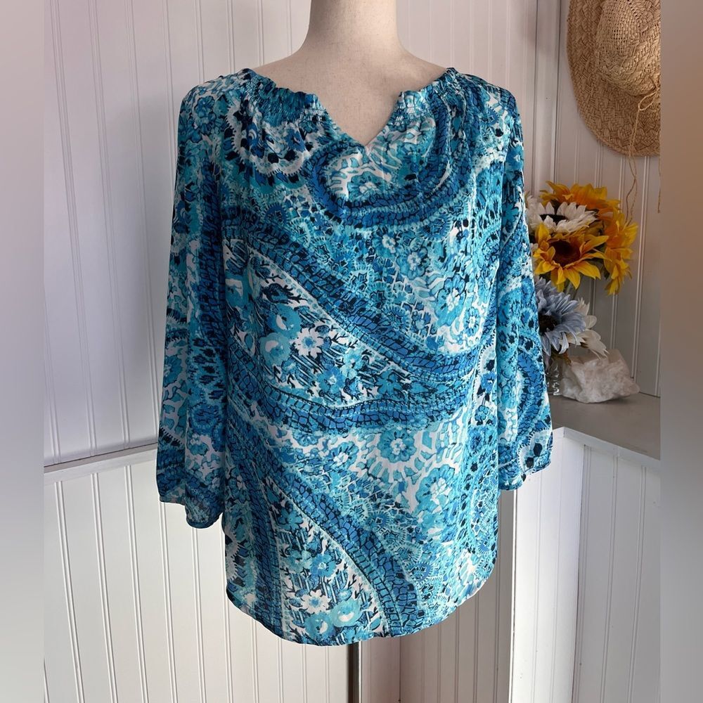 Blue Paisley Long Sleeves V-Neck Blouse Talbots